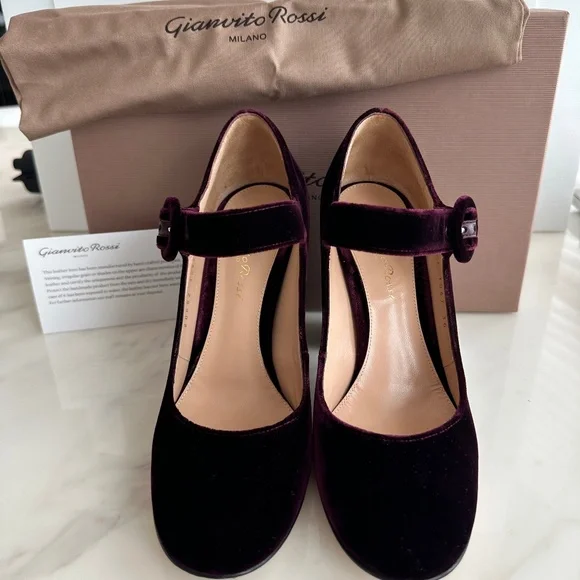Gianvito Rossi Burgundy Velvet Mary Jane Pumps Heels - Picture 3 of 9
